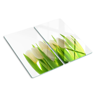 Schneidebrett glas Tulpen vor einem Hintergrund aus grünen Blättern