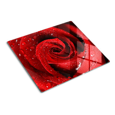 Glasschneidebrett Rote Rose mit Wassertropfen