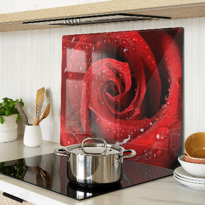 Glasschneidebrett Rote Rose mit Wassertropfen