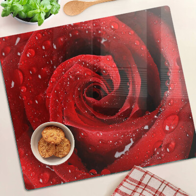 Glasschneidebrett Rote Rose mit Wassertropfen