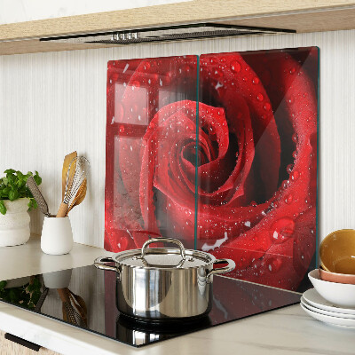 Glasschneidebrett Rote Rose mit Wassertropfen