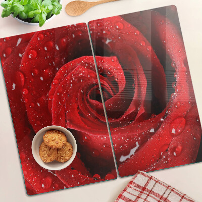Glasschneidebrett Rote Rose mit Wassertropfen