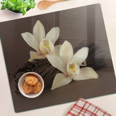 Schneidebrett glas Orchideen und Vanilleschoten