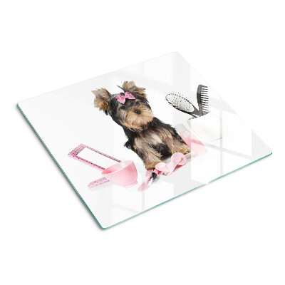Schneidebrett glas Yorkshire Terrier mit Pflegezubehör