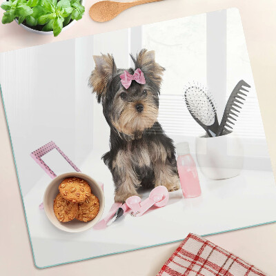Schneidebrett glas Yorkshire Terrier mit Pflegezubehör