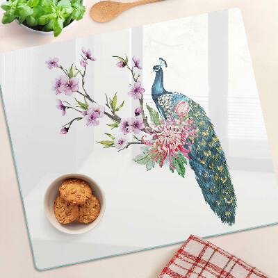 Glasschneidebrett Pfau mit Blumen