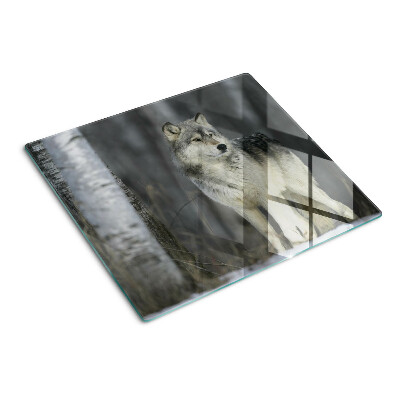 Glasschneidebrett Wolf in einer Waldkulisse