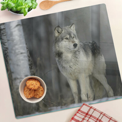 Glasschneidebrett Wolf in einer Waldkulisse