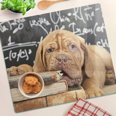 Glasschneidebrett Hund mit Büchern und einer Tafel