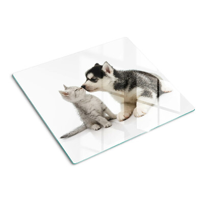 Glasschneidebrett Kätzchen und Welpe in Freundschaft