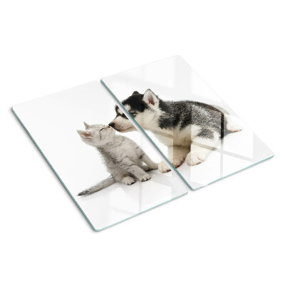 Glasschneidebrett Kätzchen und Welpe in Freundschaft