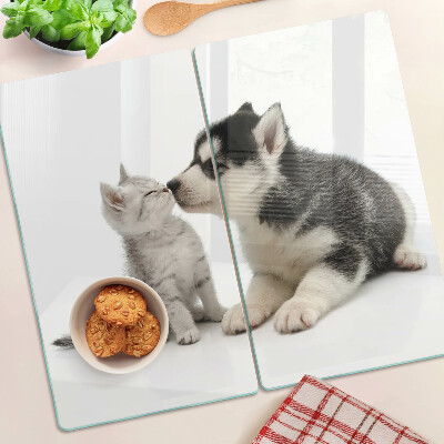 Glasschneidebrett Kätzchen und Welpe in Freundschaft