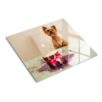 Glasschneidebrett Hund am Tisch mit Kuchen