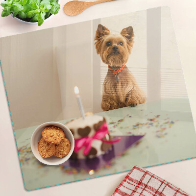 Glasschneidebrett Hund am Tisch mit Kuchen
