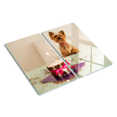 Glasschneidebrett Hund am Tisch mit Kuchen