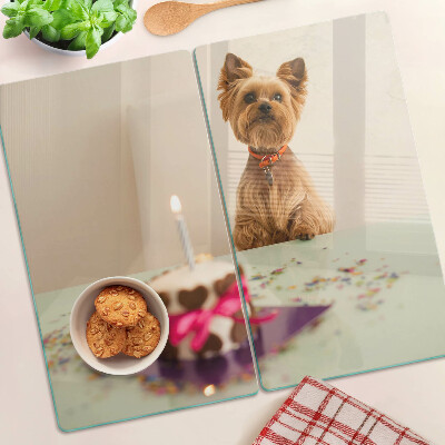 Glasschneidebrett Hund am Tisch mit Kuchen