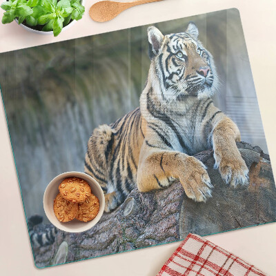 Glasschneidebrett Tiger auf einem Baumstamm