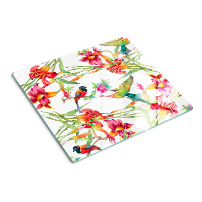 Schneidebrett glas Blumen und exotische Vögel