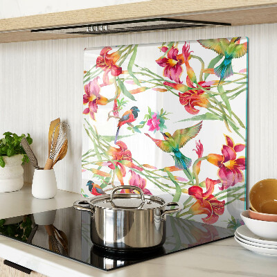 Schneidebrett glas Blumen und exotische Vögel