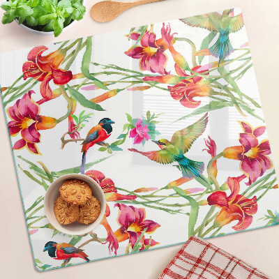 Schneidebrett glas Blumen und exotische Vögel