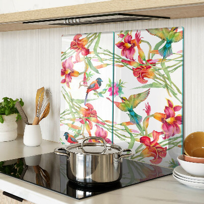 Schneidebrett glas Blumen und exotische Vögel
