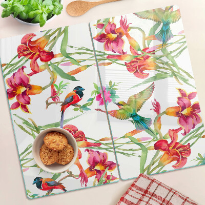 Schneidebrett glas Blumen und exotische Vögel