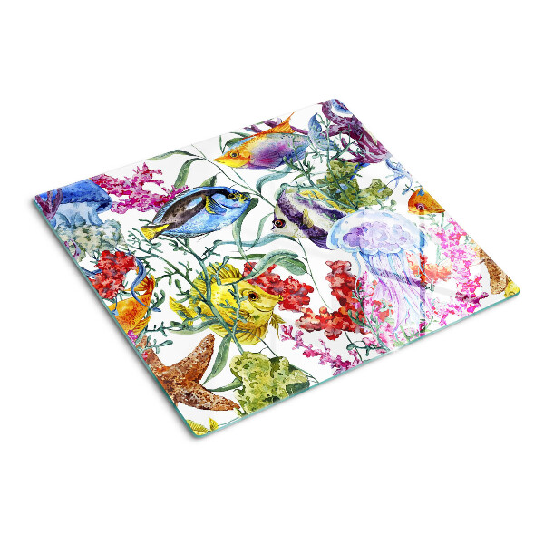 Schneidebrett glas Meeresthema mit Fischen und Quallen
