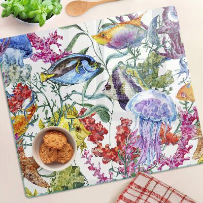 Schneidebrett glas Meeresthema mit Fischen und Quallen