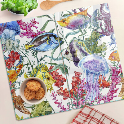 Schneidebrett glas Meeresthema mit Fischen und Quallen
