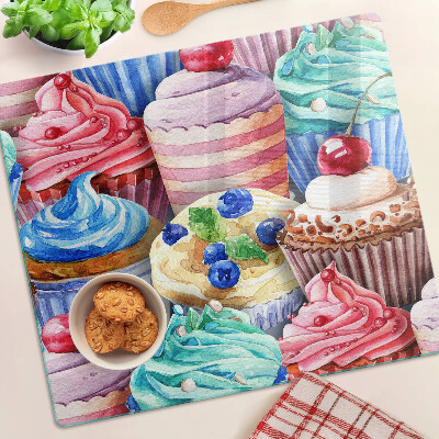 Schneidebrett glas Cupcakes und buntes Gebäck