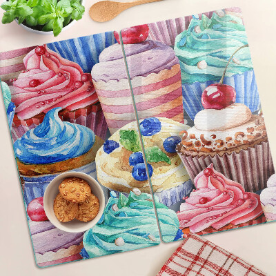 Schneidebrett glas Cupcakes und buntes Gebäck