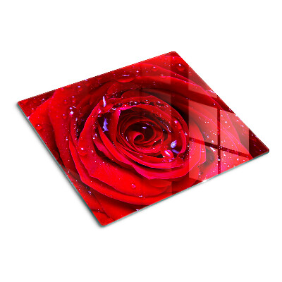 Glasschneidebrett Rote Rose mit Wassertropfen