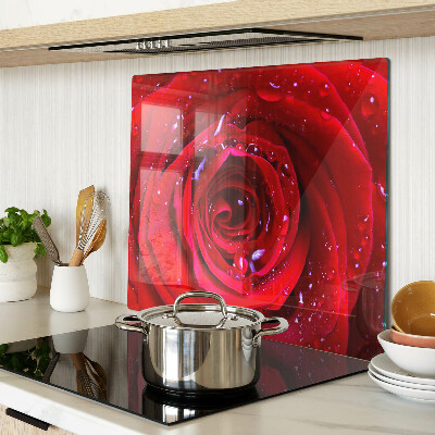 Glasschneidebrett Rote Rose mit Wassertropfen