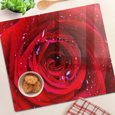 Glasschneidebrett Rote Rose mit Wassertropfen