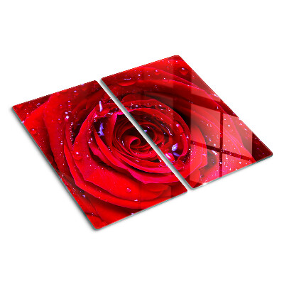 Glasschneidebrett Rote Rose mit Wassertropfen