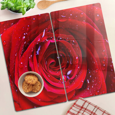 Glasschneidebrett Rote Rose mit Wassertropfen