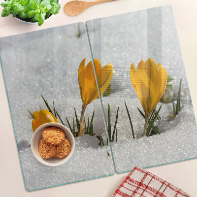 Schneidebrett glas Krokusse im Schnee