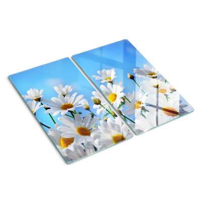 Glasschneidebrett Gänseblümchen auf blauem Hintergrund