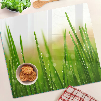 Schneidebrett glas Gras mit Wassertropfen