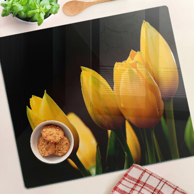 Glasschneidebrett Gelbe Tulpen auf schwarzem Hintergrund