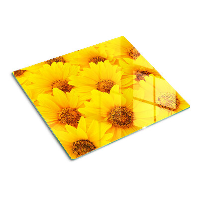 Schneidebrett glas Sonnenblumen auf gelbem Hintergrund