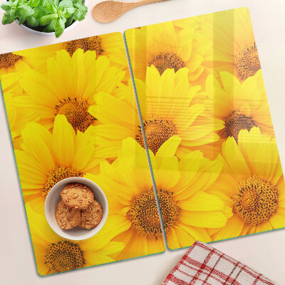 Schneidebrett glas Sonnenblumen auf gelbem Hintergrund
