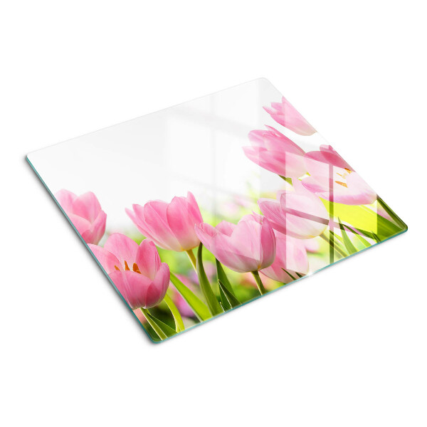 Glasschneidebrett Rosa Tulpen im Garten
