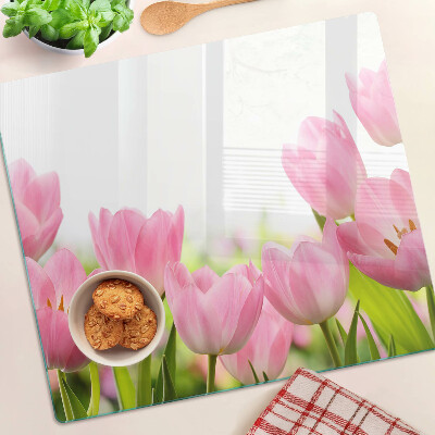 Glasschneidebrett Rosa Tulpen im Garten