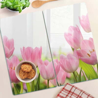Glasschneidebrett Rosa Tulpen im Garten