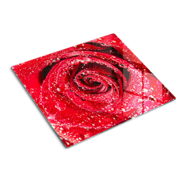 Schneidebrett glas Rote Rose mit Wassertropfen