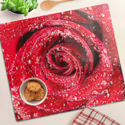 Schneidebrett glas Rote Rose mit Wassertropfen