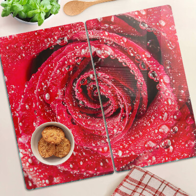 Schneidebrett glas Rote Rose mit Wassertropfen