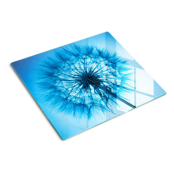 Schneidebrett glas Löwenzahn auf blauem Hintergrund