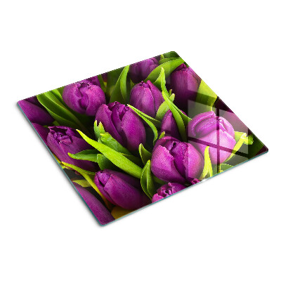 Glasschneidebrett Lila Tulpen mit grünen Blättern